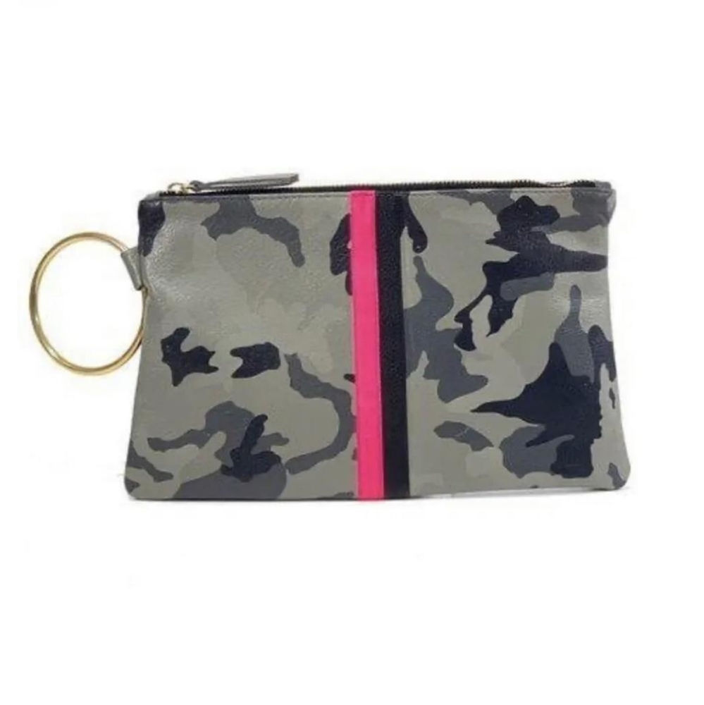 POSITIVE ELEMENTS Italian Leather Handbag Gray Camouflage W/Pink /Black